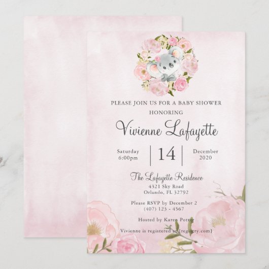 Elegant Koala Girly Pink Peony Baby shower Kaart (Voorkant / Achterkant)
