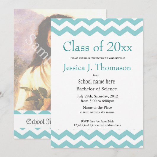 Elegant, koel blauw Chevron foto afstuderen Kaart (Voorkant / Achterkant)