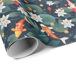 Elegant Koi en Waterlelie Inpakpapier op Indigo