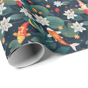 Elegant Koi en Waterlelie Inpakpapier op Indigo