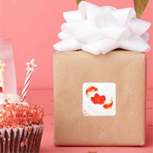 Elegant Koi Fish and Red Blossom Art | Japanese St Vierkante Sticker (Feest)