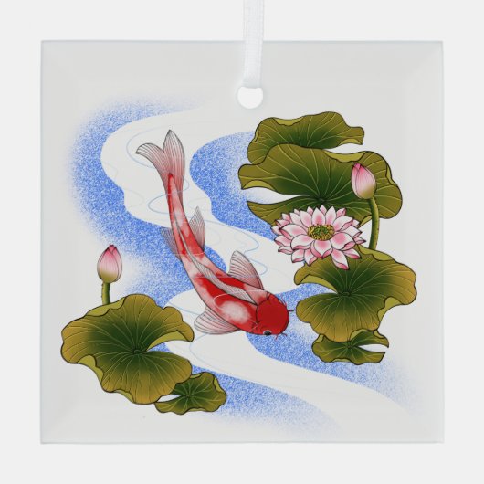 Elegant koikarper in lotusvijver glas ornament (Achterkant)