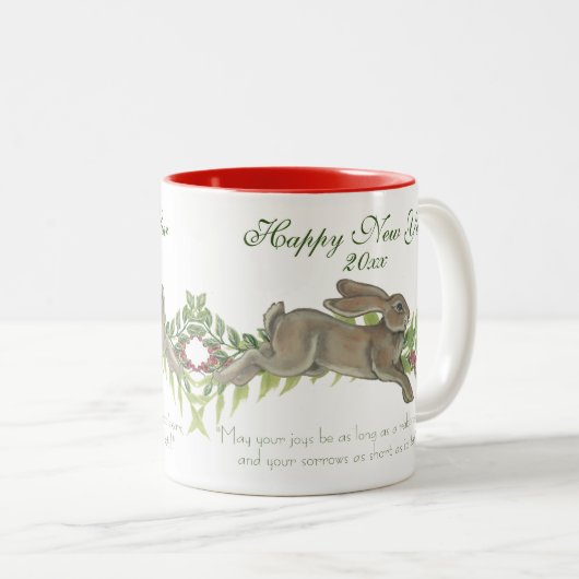 Elegant konbit Bunny Green Red nieuwjaar Wish, dat Tweekleurige Koffiemok (Voorkant rechts)