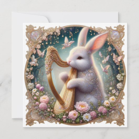 Elegant Konijn Bloemen Muziek Art Nouveau Feestdagenkaart (Voorkant)
