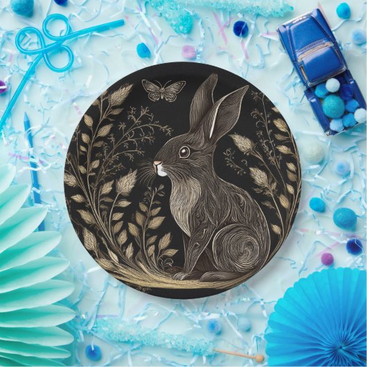 Elegant konijn in zwart en beige papieren bordje (Feest)