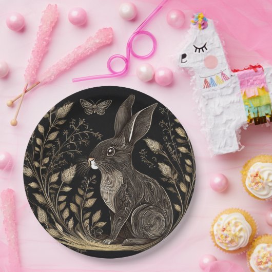 Elegant konijn in zwart en beige papieren bordje (Feest)
