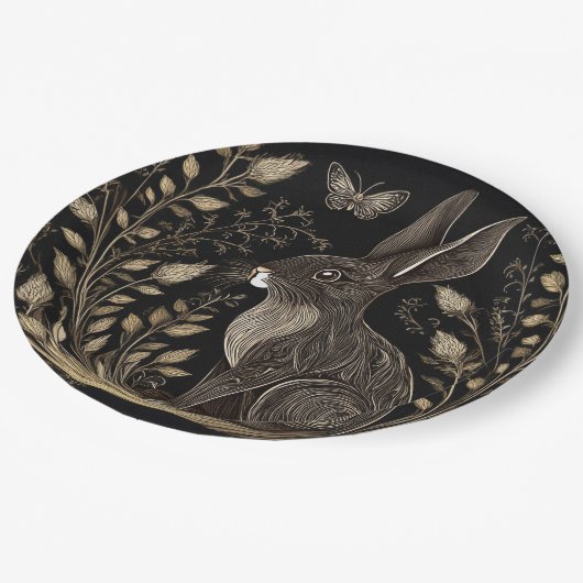 Elegant konijn in zwart en beige papieren bordje (Gekanteld)