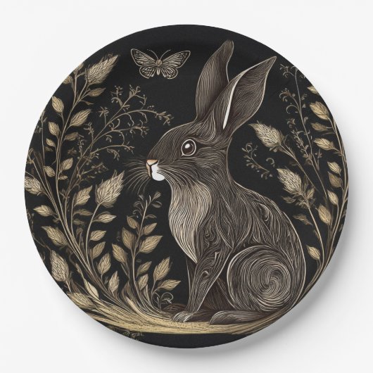 Elegant konijn in zwart en beige papieren bordje (Voorkant)