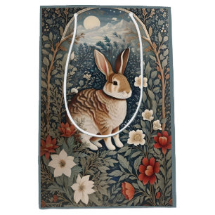 Elegant konijn omlijst door bloemen en bladeren medium cadeauzakje