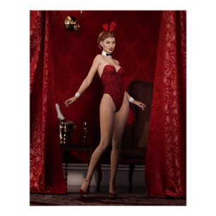 Elegant konijntje meisje op rood fluwelen gordijn perfect poster
