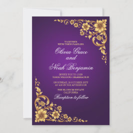 Elegant Konings Paars en Goud Bloem Huwelijk Kaart