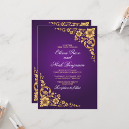 Elegant Konings Paars en Goud Bloem Huwelijk Kaart