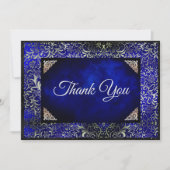 Elegant koningsblauw bloemenfaux zilver bedankkaart (Voorkant)