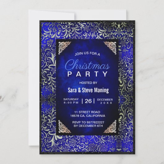 Elegant koningsblauw bloemenfaux zilveren kerst kaart (Voorkant)