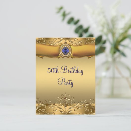 Elegant Koninklijk Blauw en Goud 50ste Verjaardags Kaart (Staand voorkant)