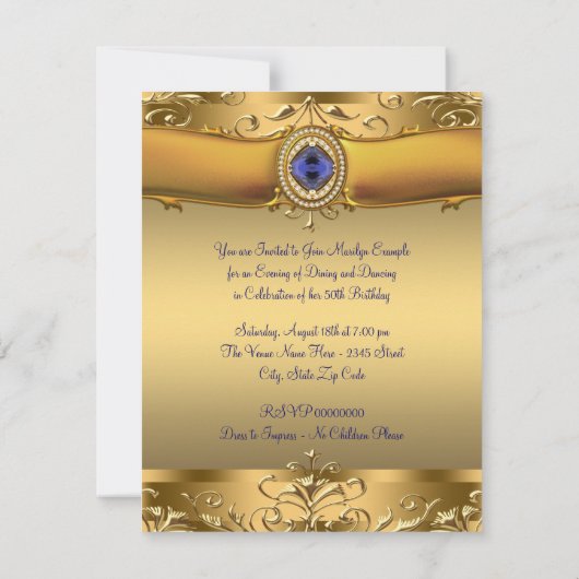 Elegant Koninklijk Blauw en Goud 50ste Verjaardags Kaart (Achterkant)