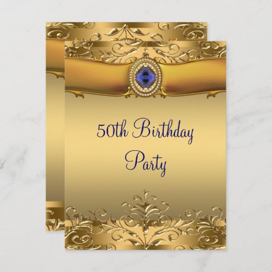 Elegant Koninklijk Blauw en Goud 50ste Verjaardags Kaart (Voorkant / Achterkant)