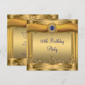Elegant Koninklijk Blauw en Goud 50ste Verjaardags Kaart (Voorkant / Achterkant)