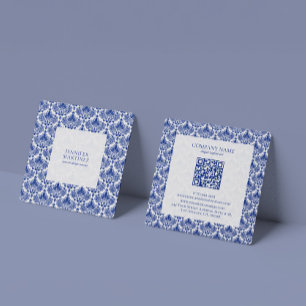 Elegant koninklijk blauw en wit damast patroon vierkante visitekaartje