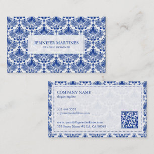 Elegant koninklijk blauw en wit damast patroon visitekaartje