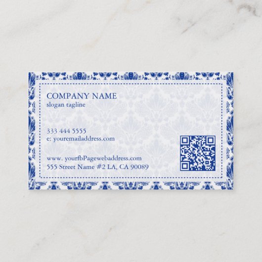 Elegant koninklijk blauw en wit damast patroon visitekaartje (Achterkant)