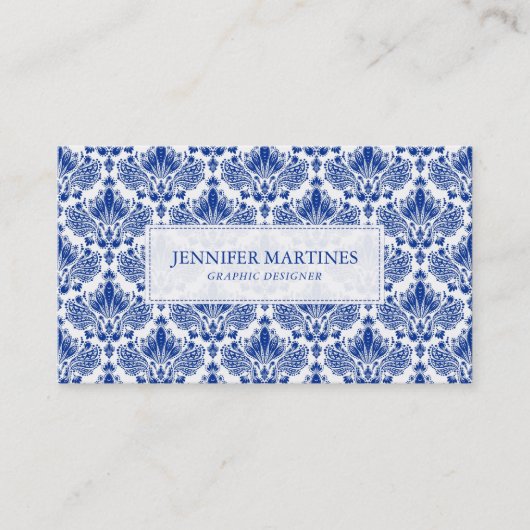 Elegant koninklijk blauw en wit damast patroon visitekaartje (Voorkant)