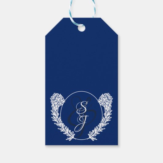 Elegant Koninklijk Blauw en Wit Monogram Cadeaulabel (Voorkant)