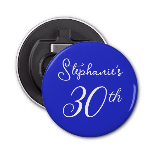 Elegant Koninklijk Blauw Monogram 30e Verjaardagsf Button Flesopener (Voorkant)