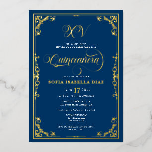 Elegant Koninklijk Blauwe Quinceañera Goud of Zilv Folie Uitnodiging