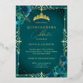 Elegant Koninklijk Blauwgroen Roos Quinceanera Folie Uitnodiging (Voorkant)