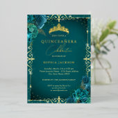 Elegant Koninklijk Blauwgroen Roos Quinceanera Folie Uitnodiging (Staand Voorkant)