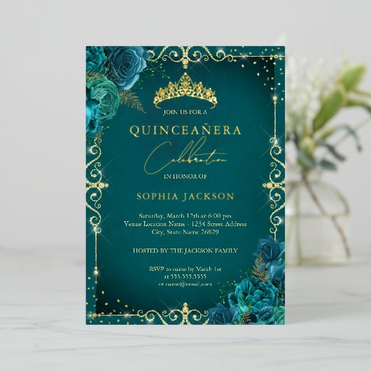 Elegant Koninklijk Blauwgroen Roos Quinceanera Folie Uitnodiging (Staand Voorkant)