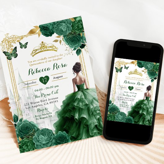 Elegant koninklijk kasteel smaragd groen quinceañe kaart