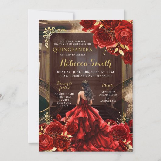Elegant koninklijk paleis felrode rozen quinceañer kaart (Voorkant)