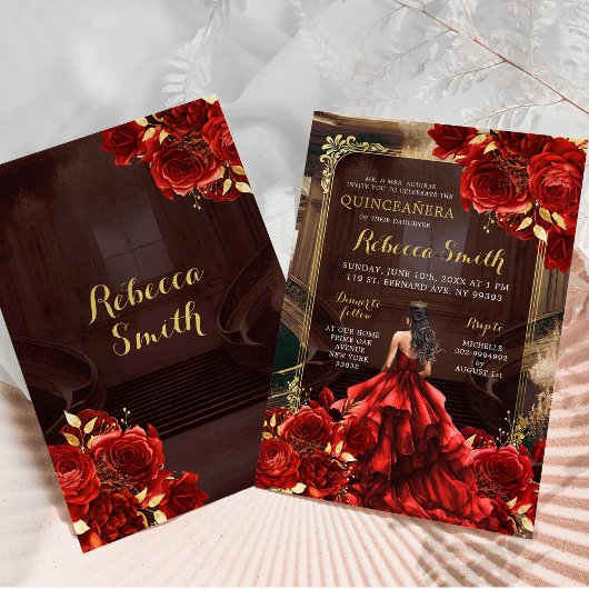 Elegant koninklijk paleis felrode rozen quinceañer kaart