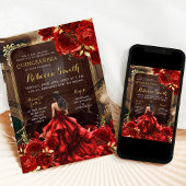 Elegant koninklijk paleis felrode rozen quinceañer kaart