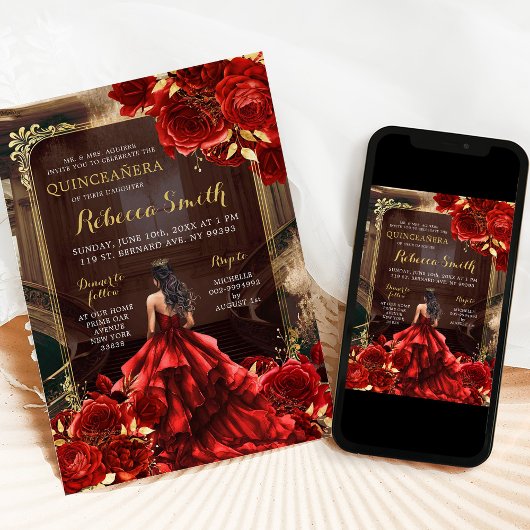 Elegant koninklijk paleis felrode rozen quinceañer kaart