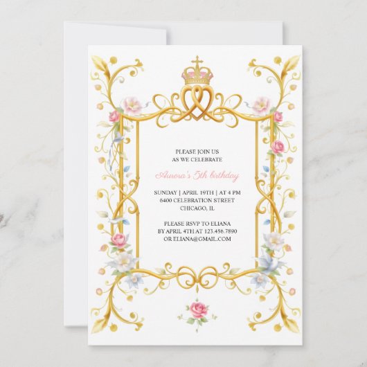 Elegant Koninklijk Prinses Meisje 5e Verjaardagsfe Kaart (Voorkant)