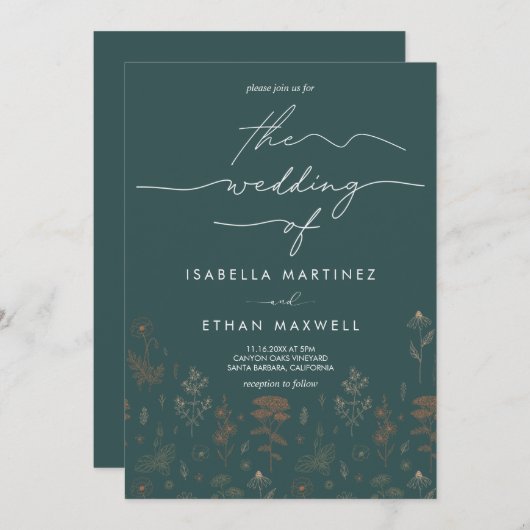 Elegant Koper Botanisch Schrift Donker Turquoise T Kaart (Voorkant / Achterkant)