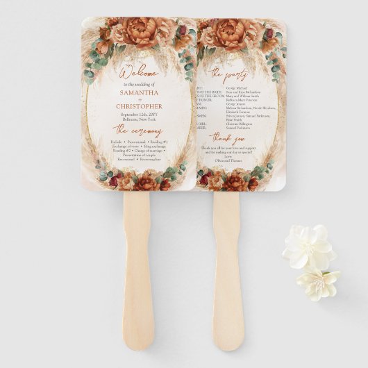 Elegant Koper en bordeaux bloemen salie programma Handwaaier (Voorkant en achterkant)