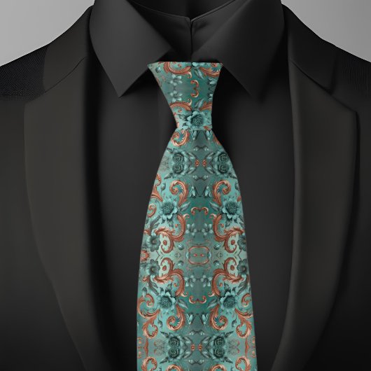 Elegant koper en turquoise bloem patroon stropdas