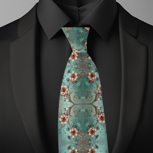 Elegant koper en turquoise bloemenpatroon stropdas