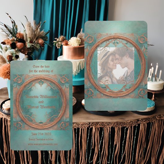 Elegant koper en turquoise slaan de datum op