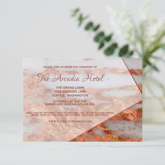 Elegant koper Gold Marble Geometric Reception Informatiekaartje (Staand voorkant)