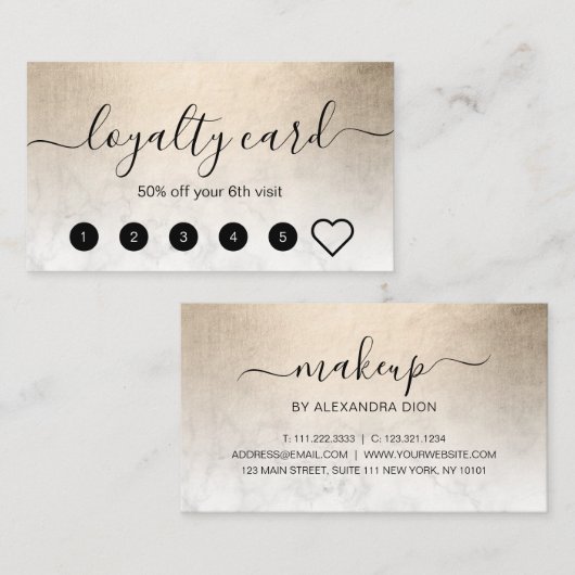 Elegant koper goud witte marmer make-up artiest klantenkaartje (Voorkant / Achterkant)