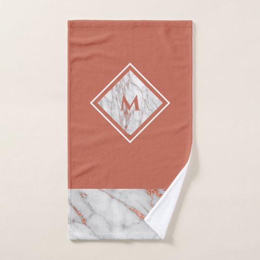 Elegant koper Roos Gold en witte marmer |Monogram Bad Handdoek (Handdoek)