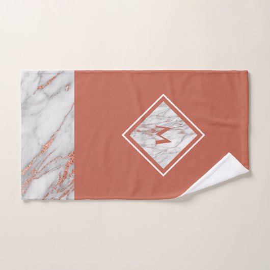 Elegant koper Roos Gold en witte marmer |Monogram Bad Handdoek (Handdoek)