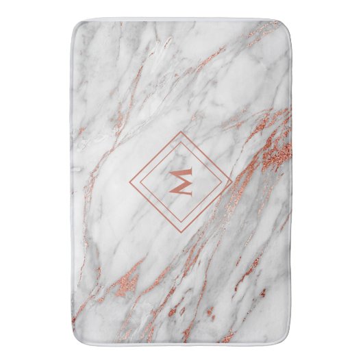Elegant koper Roos Gold en witte marmer |Monogram Badmat (Voorkant Verticaal)