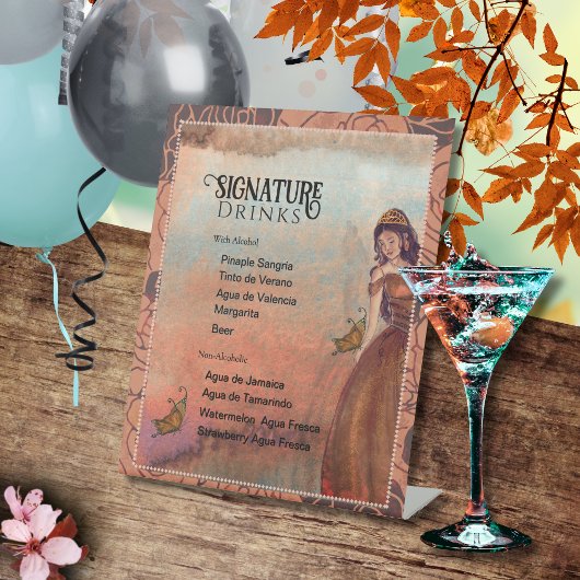 Elegant Koper Roos Quinceañera Drink Menu Reclamebord Met Voetstuk
