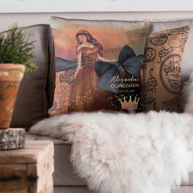 Elegant  Koper Roos Quinceañera Keepsake Kussen (Elegant Vintage Copper Rose Quinceañera Keepsake Throw Pillow)